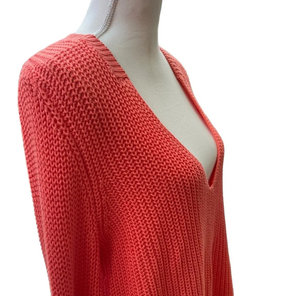 Free People Damsel Orange Flare Sleeve Deep V-Neck Chunky Knit Sweater Medium - Picture 6 of 15